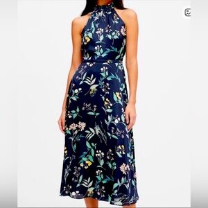 Banana Republic Soft Satin Navy Floral Halter Midi Dress Size 8 EUC